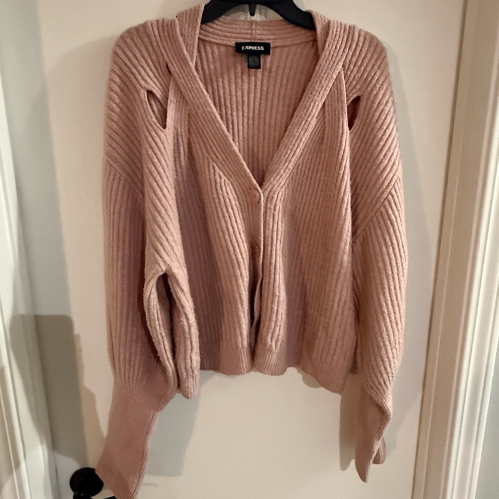 Express XL Pink V-Neck Criss-Cross Cutout Balloon Sleeve Cardigan